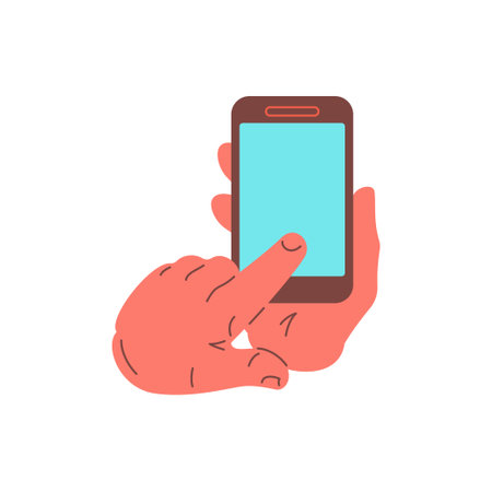 Human hands use smartphone touch screen application icon vector flat illustration. Cartoon male arms holding mobile phone browsing internet online chatting social media network web communicationのイラスト素材