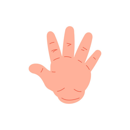 Human hand with open palm waving greeting hi hello gesture icon vector flat illustration. Male cartoon arm friendly communication bye goodbye five fingers welcome good message voting gesturingのイラスト素材