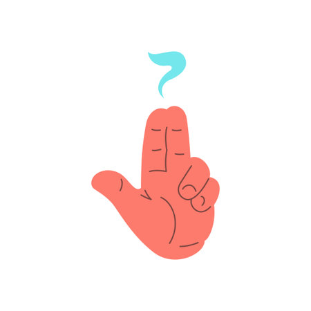 Male hand gun shooting up gesture with smoke dangerous weapon concept icon vector flat illustration. Human cartoon arm fingers pistol shape criminal military handgun bang bullet pointingのイラスト素材