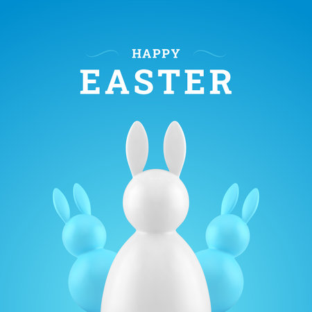 Easter bunny bauble congratulations 3d social media post rabbit festive design template realistic vector illustration. Hare toy tumbler blue white animal character Christianity holiday celebrationのイラスト素材