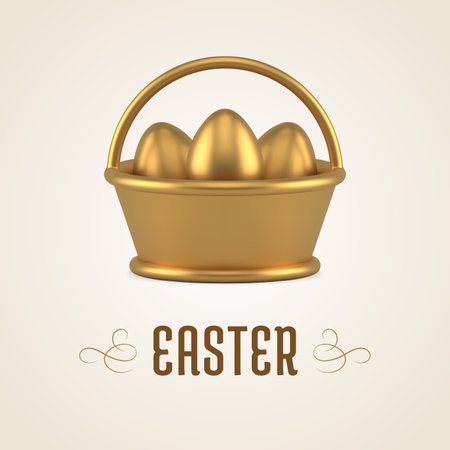 Happy Easter premium congratulations 3d golden chicken eggs in basket social media post design template realistic vector illustration. Religious holiday eggshell treat surprise festive internet advertのイラスト素材