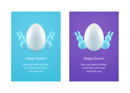 Happy Easter tiny rabbit bauble chicken egg 3d greeting card set design template realistic vector illustration. Bunny hare religious congratulations holiday festive celebration decor elementのイラスト素材