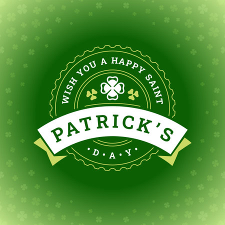 Saint Patrick's Day shamrock clover vintage greeting card typographic template vector illustration. Irish culture circle badge with ribbon festive lucky leaf ornate green background decor designのイラスト素材