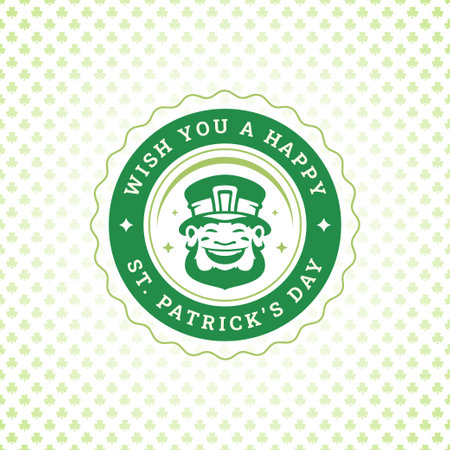 Saint Patrick's Day laughing troll leprechaun vintage greeting card typographic template vector illustration. Irish folklore lucky character portrait circle label green clover floral ornate backgroundのイラスト素材