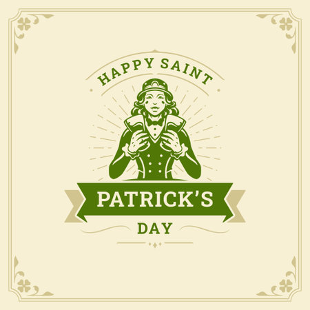 Happy Saint Patrick's Day woman leprechaun with beer Irish holiday vintage greeting card typographic template vector flat illustration. Celtic female bright ribbon ale malt alcohol beverage celebrateのイラスト素材