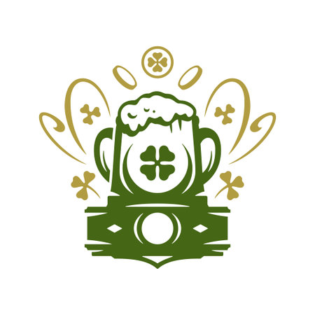 St Patrick's Day mug full of foamy beer lucky clover coin financial prosperity vintage icon vector flat illustration. Irish traditional symbol of fortune male ale alcohol beverage Celtic culture badgeのイラスト素材