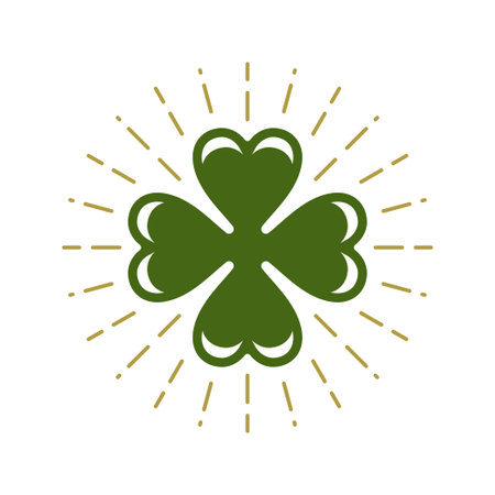 St Patrick's Day green clover leaf bright golden rays Irish fortune vintage icon vector flat illustration. Celtic traditional folklore magic shamrock petal foliage fortune success mascot decor designのイラスト素材