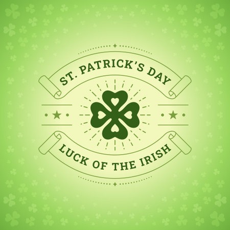 St Patrick's Day Irish holiday clover social media post template vintage vector illustration. Celtic traditional bright rays shamrock old fashioned paper roll green gradient background internet adのイラスト素材