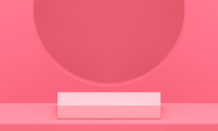 Pink squared 3d podium pedestal with circle hole wall background realistic vector illustration. Geometric elegant feminine display showroom mock up for cosmetic beauty product show presentationのイラスト素材