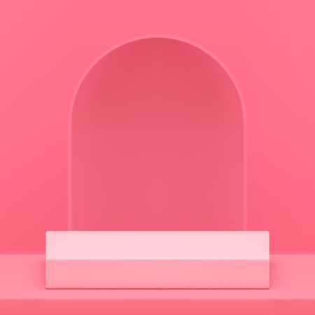 3d pink squared podium pedestal with arch hole mock up for cosmetic product show realistic vector illustration. Geometric platform showroom empty feminine showcase with archway wall backgroundのイラスト素材