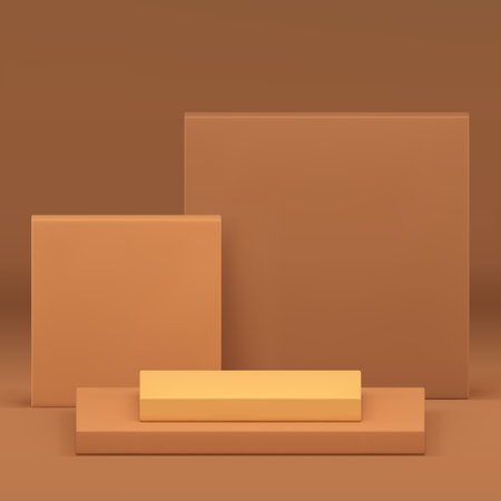 Brown pastel 3d podium pedestal geometric showroom mock up for cosmetic product show realistic vector illustration. Neutral squared step stand empty showcase for shopping commercial advertisingのイラスト素材