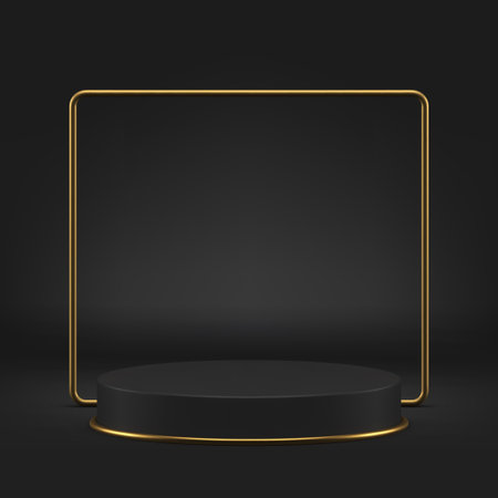 3d cylinder podium pedestal luxury elegant black showroom realistic vector illustration. Premium advertising display with golden squared frame wall background for product presentation showのイラスト素材