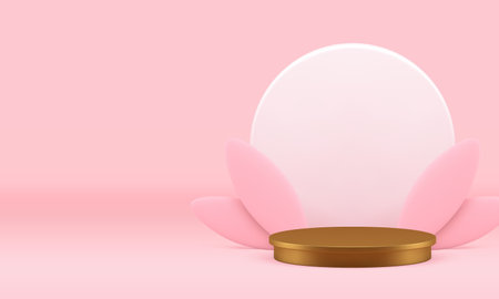 Pink luxury 3d cylinder podium pedestal mock up for cosmetic product show realistic vector illustration. Elegant feminine advertising showcase shopping sale commercial presentation promo displayのイラスト素材