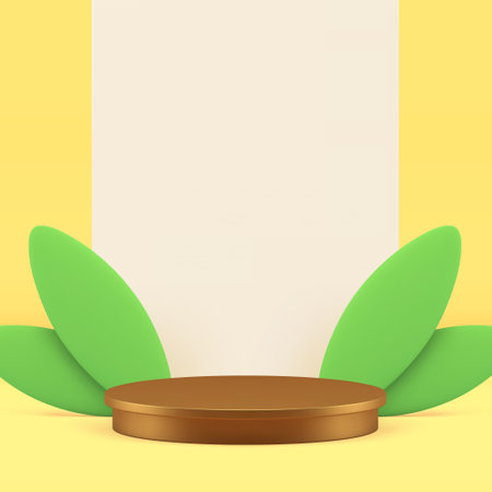 Summer 3d podium pedestal golden cylinder stand with green leaves realistic vector illustration. Luxury advertising showroom empty display for product show commercial presentation wall backgroundのイラスト素材