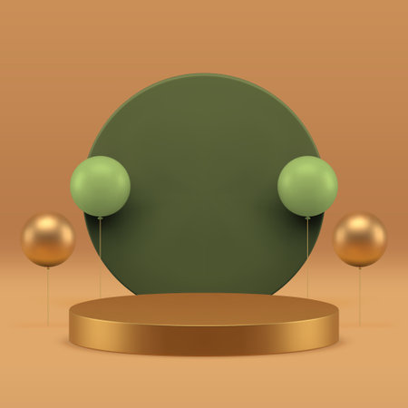 Luxury cylinder 3d podium pedestal with green wall background realistic vector illustration. Golden stand with air balloon decorative element beige neutral showroom mock up for cosmetic product showのイラスト素材