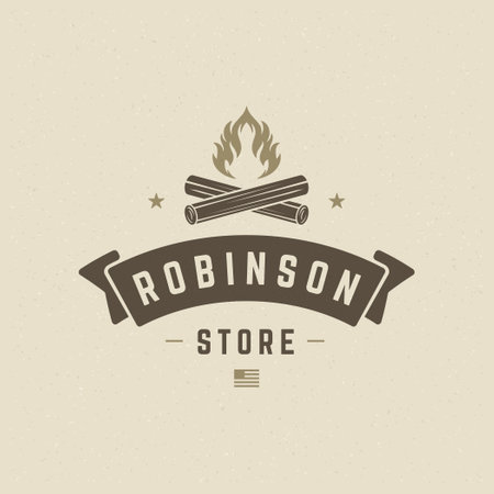 Forest camping logo emblem vector illustration. Outdoor adventure leisure, Campfire silhouette, print stamp. Vintage typography badge design.のイラスト素材