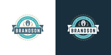 Seafood logo or sign vector illustration fish market and restaurant emblem template design fish fillet steak silhouette. Vintage typography badge or label design good for menu decoration.のイラスト素材