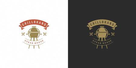 Barbecue logo vector illustration steak house or bbq restaurant menu emblem grill silhouette. Modern vintage typographic badge or label design and decoration.のイラスト素材