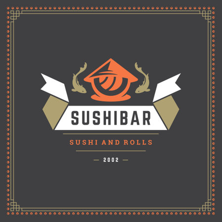 Sushi restaurant logo vector illustration. Japanese food, roll silhouette. Vintage typography badge design.のイラスト素材