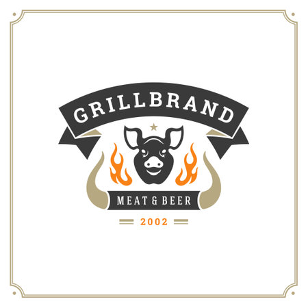 Grill restaurant logo vector illustration. Barbecue steak house menu emblem, pig head silhouette. Vintage typography badge design.のイラスト素材