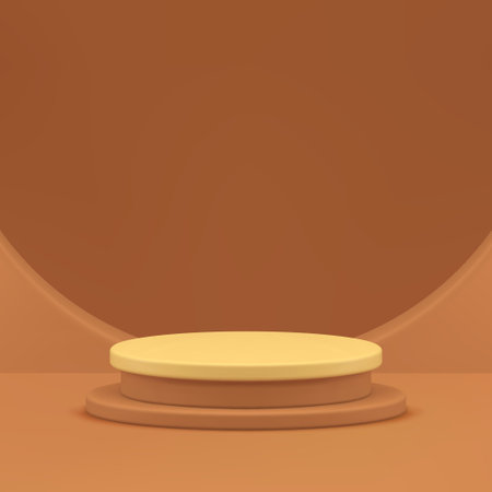 Brown 3d cylinder podium pedestal mock up for cosmetic product show presentation realistic vector illustration. Beige neutral advertising showcase empty stand display semi circle hole wall backgroundのイラスト素材