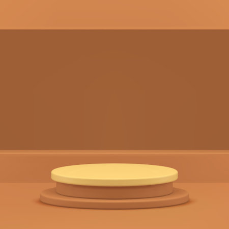 Brown 3d podium pedestal with rectangle hole wall background realistic vector illustration. Beige neutral advertising showcase empty showroom interior for product show presentationのイラスト素材