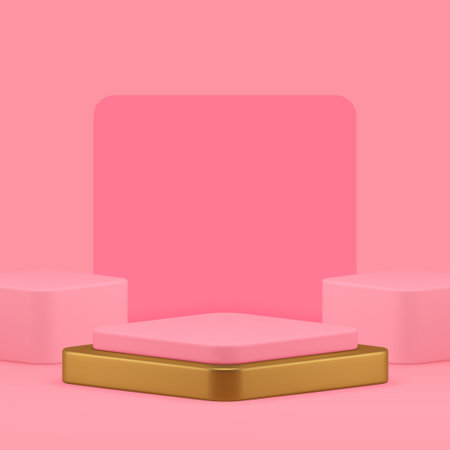 Luxury rhombus 3d podium pedestal pink geometric display for product show realistic vector illustration. Trendy feminine advertising commercial golden stand with cubes and squared wall backgroundのイラスト素材
