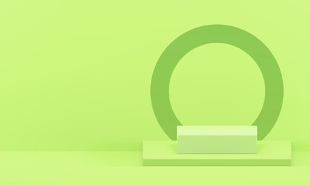 3d podium pedestal light green geometric stand with circle frame wall background realistic vector illustration. Trendy commercial display advertising showroom mock up for cosmetic product showのイラスト素材
