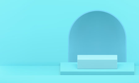 Light blue 3d podium pedestal with arch hole wall background realistic vector illustration. Trendy advertising showroom geometric step stand shopping sale mock up cosmetic product show presentationのイラスト素材