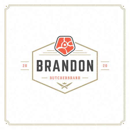 Butcher shop logo vector illustration. Meat steak silhouette, good for farm or restaurant badge. Vintage typography emblem design.のイラスト素材