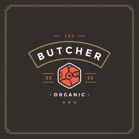 Butcher shop logo vector illustration. Meat steak silhouette, good for farm or restaurant badge. Vintage typography emblem design.のイラスト素材