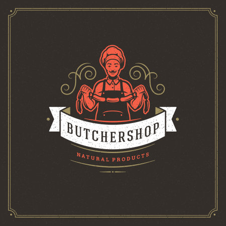 Butcher shop logo vector illustration. Chef holding sausages silhouette, good for restaurant menu badge. Vintage typography emblem design.のイラスト素材