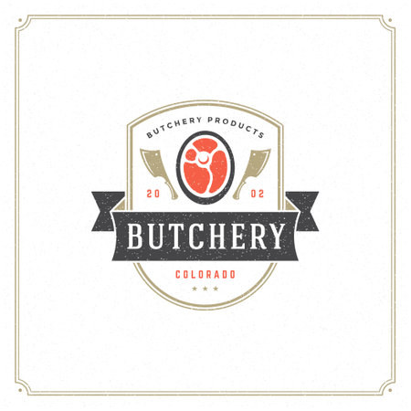 Butcher shop logo vector illustration. Meat steak silhouette, good for farm or restaurant badge. Vintage typography emblem design.のイラスト素材