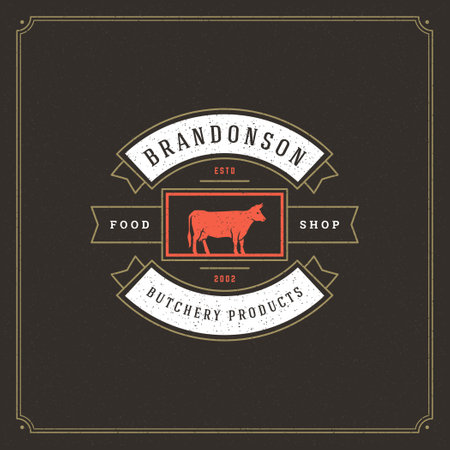 Butcher shop logo vector illustration. Cow silhouette, good for farm or restaurant badge. Vintage typography emblem design.のイラスト素材