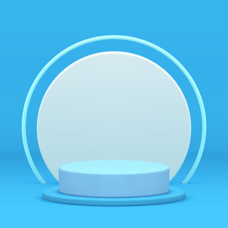 Blue 3d podium pedestal cylinder stand mock up for cosmetic product show realistic vector illustration. Trendy minimalist advertising platform with round wall background shopping sale stageのイラスト素材