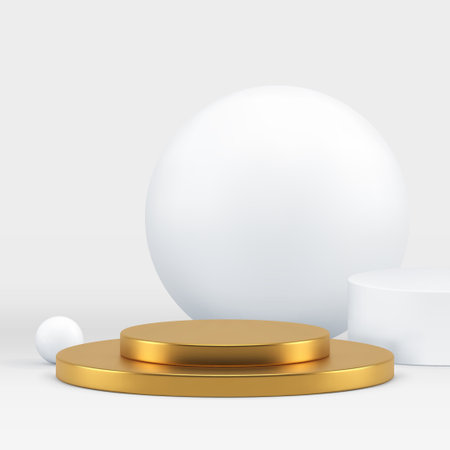 Luxury 3d golden cylinder podium pedestal with white sphere background realistic vector illustration. Premium round stand advertising display neutral elegant showroom for product show presentationのイラスト素材