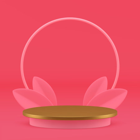 Pink 3d podium pedestal with golden leaves mock up for cosmetic product show realistic vector illustration. Elegant luxury cylinder display with circle frame for beauty shopping sale presentationのイラスト素材