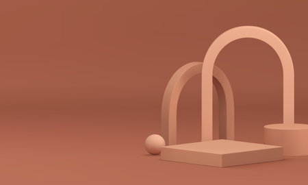 3d podium pedestal advertising geometric showroom for product show realistic vector illustration. Minimalist aesthetic trendy showcase advertising display with arch sphere wall backgroundのイラスト素材