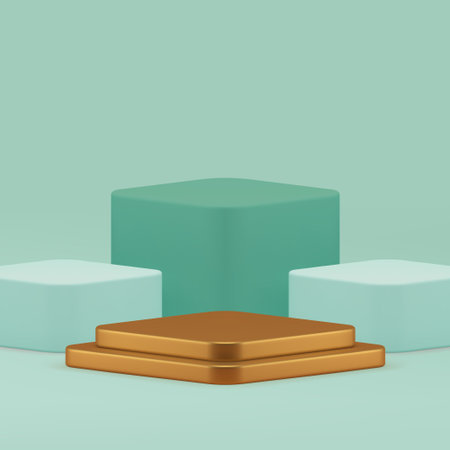 Green showroom 3d rhombus golden podium pedestal for product show realistic vector illustration....