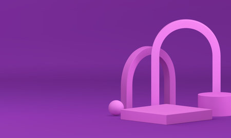 Purple showroom 3d podium pedestal mock up for cosmetic product show realistic vector illustration. Violet showcase squared stand with arch wall background and sphere decor element for presentationのイラスト素材