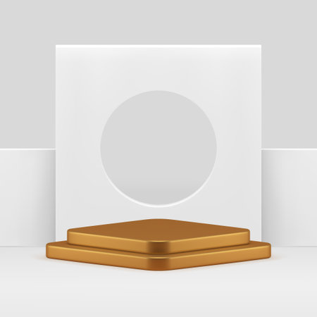 White geometric 3d podium pedestal mock up for cosmetic product show realistic vector illustration. Luxury golden rhombus stand with neutral frame wall background display for commercial advertisingのイラスト素材