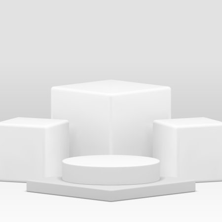 White 3d podium pedestal geometric display for product show realistic vector illustration. Neutral light advertising stand with cubes wall background for commercial shopping sale presentation platformのイラスト素材