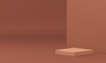 Beige 3d squared podium pedestal showroom studio wall background realistic vector illustration. Brown neutral advertising stand platform mock up for cosmetic product shopping sale show presentationのイラスト素材