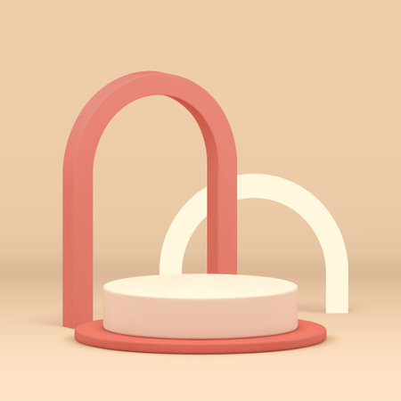 Cylinder 3d podium pedestal neutral showcase with arch wall background realistic vector illustration. Beige commercial stand advertising showroom trendy shopping sale display for product showのイラスト素材