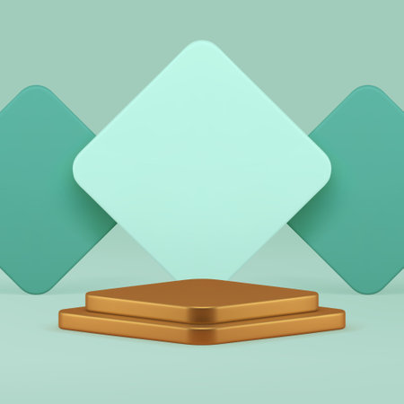 Golden rhombus 3d podium pedestal with geometric wall background realistic vector illustration. Luxury stand display green pastel advertising showroom mock up for cosmetic product show presentationのイラスト素材