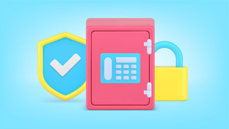 Money banking safe financial account protection deposit investment secure realistic 3d icon vector illustration. Commercial risk insurance savings support bank customer authentication checking systemのイラスト素材