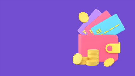 Financial independence richness earnings wallet full of coin money credit debit card 3d icon realistic vector illustration. Currency economy banking savings cash wealth for shopping business paymentのイラスト素材