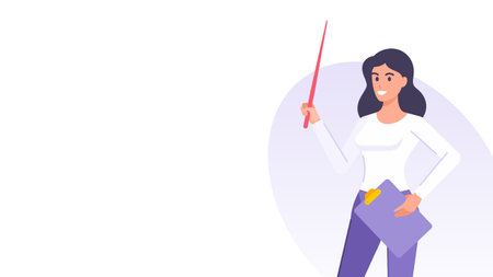 Business teacher woman with pointer and clipboard banner design template vector flat illustration. Cartoon female character teaching education corporate product presenting advertising copy spaceのイラスト素材