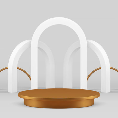 3d golden cylinder podium with white arch wall background for presentation realistic vector illustration. Luxury elegant pedestal platform commercial advertising showcase for expensive product showのイラスト素材