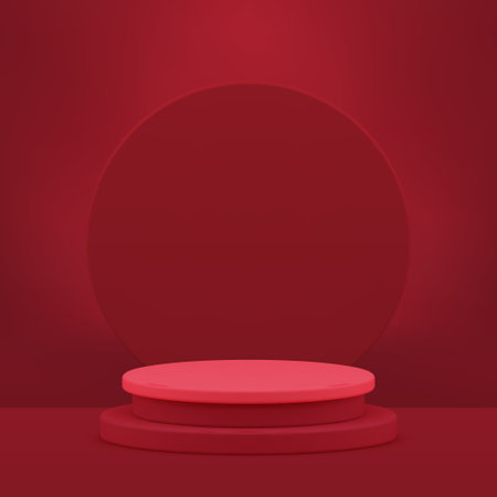 Red fashion 3d podium pedestal trendy display for presentation realistic vector illustration. Minimalist cylinder showcase with circle wall background commercial advertising stand for product showのイラスト素材